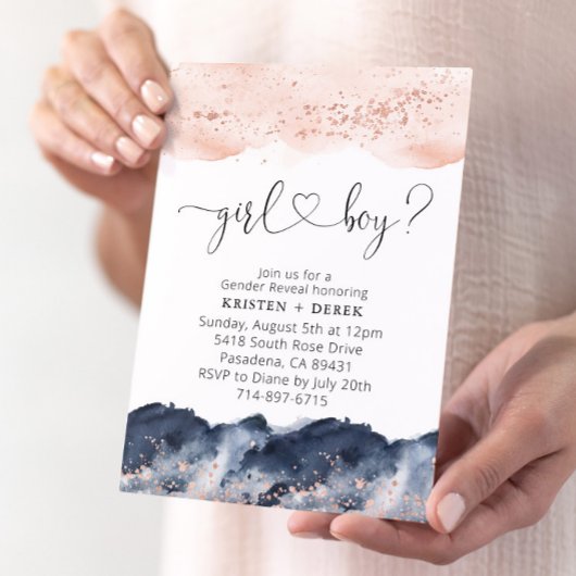 Roos Gold en Navy Blue Waterverf Gender Reveal Kaart
