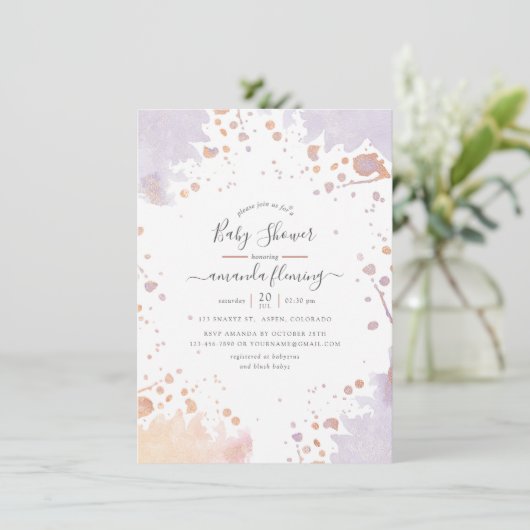 Roos Gold en pasta Paars Baby shower met verf Kaart (Staand voorkant)