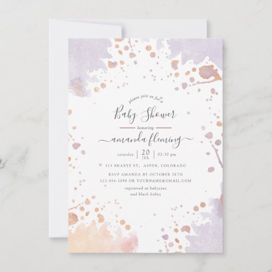 Roos Gold en pasta Paars Baby shower met verf Kaart (Voorkant)