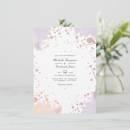 Roos Gold en pasta Paars Verf QR Code Weddenschap Kaart (Staand voorkant)