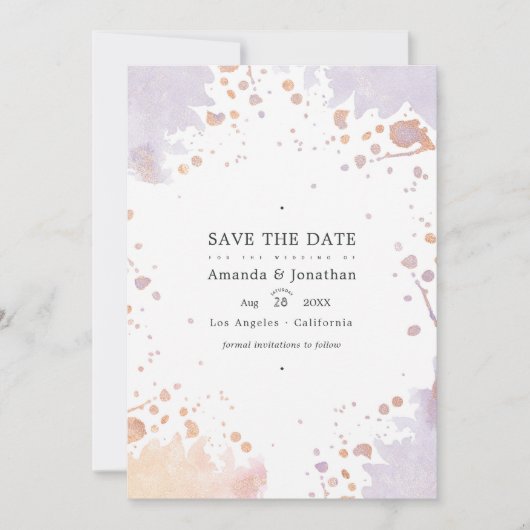 Roos Gold en pastel Paarse schilderbruiloft Save The Date (Voorkant)