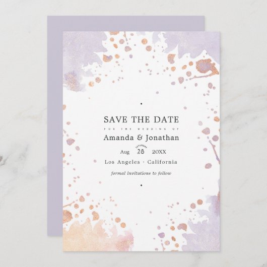 Roos Gold en pastel Paarse schilderbruiloft Save The Date (Voorkant / Achterkant)