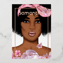 Roos Gold en roze Afro Birthday Party Folie Uitnodiging