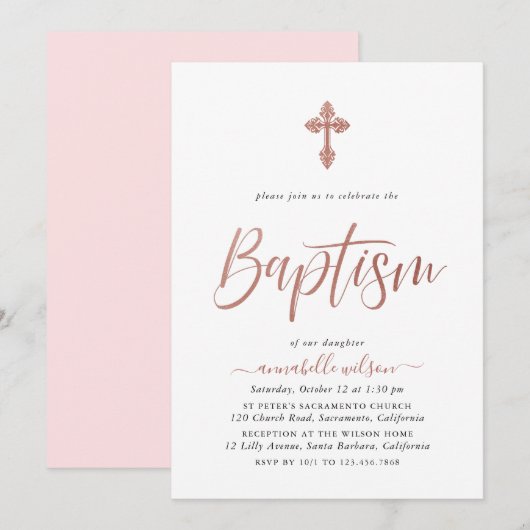 Roos Gold en roze baptisme Kaart (Voorkant / Achterkant)