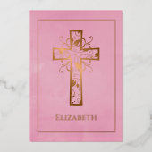 Roos Gold en roze baptisme of Christening Filigree Folie Uitnodiging (Voorkant)
