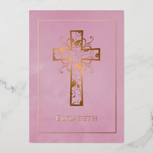 Roos Gold en roze baptisme of Christening Filigree Folie Uitnodiging (Voorkant)