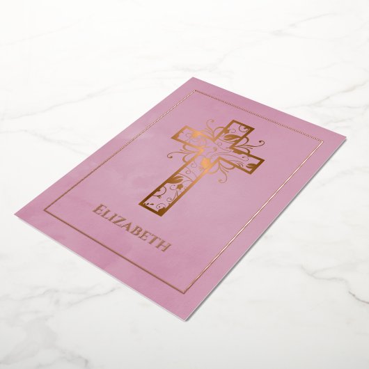 Roos Gold en roze baptisme of Christening Filigree Folie Uitnodiging (Gedraaid)