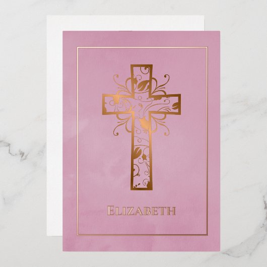 Roos Gold en roze baptisme of Christening Filigree Folie Uitnodiging (Voorkant / Achterkant)