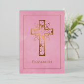 Roos Gold en roze baptisme of Christening Filigree Folie Uitnodiging (Staand Voorkant)