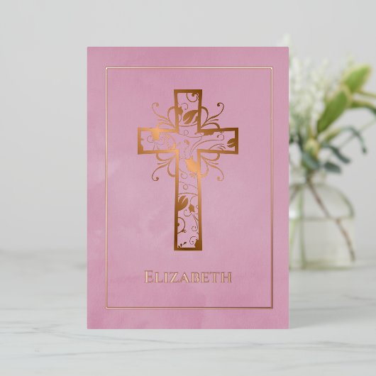 Roos Gold en roze baptisme of Christening Filigree Folie Uitnodiging (Staand Voorkant)