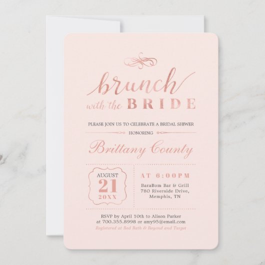 Roos Gold en roze | Elegant Wedding Bridal Brunch Kaart (Voorkant)