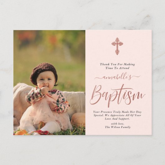 Roos Gold en roze fotomeisje Baptisme Hartelijk da Briefkaart (Voorkant)