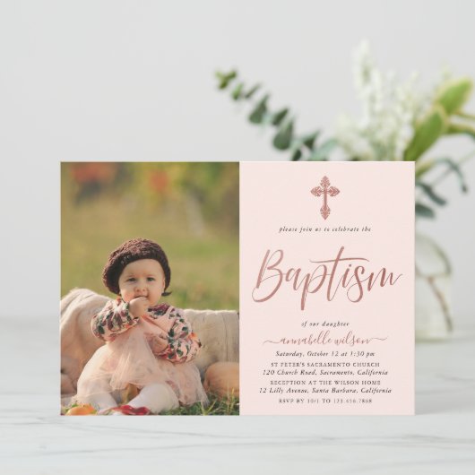 Roos Gold en roze fotomeisje uitnodiging tot het i (Staand voorkant)