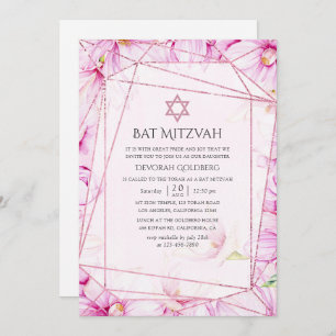 Roos Gold en roze Magnolia Geometric Bat Mitzvah Kaart