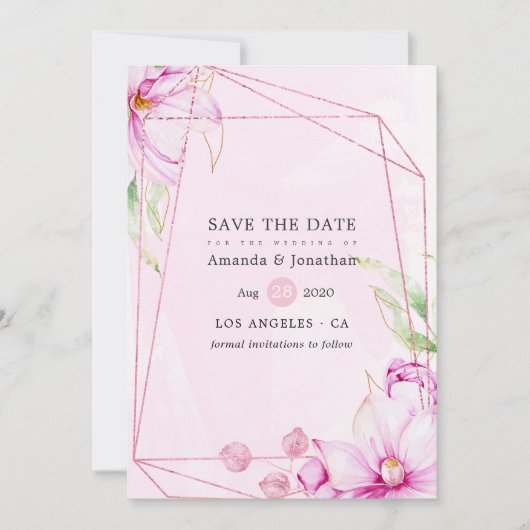 Roos Gold en roze Magnolia Geometric Wedding Save The Date (Voorkant)