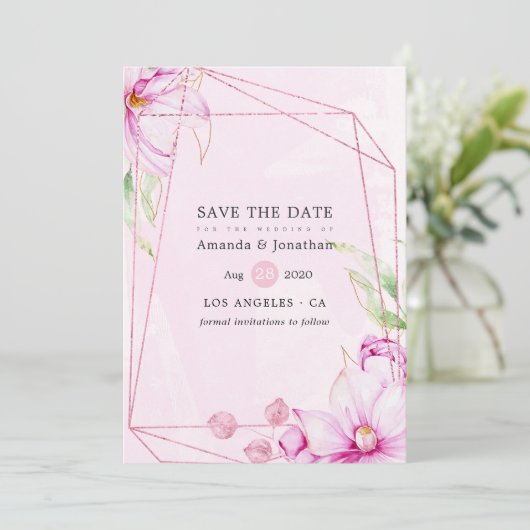 Roos Gold en roze Magnolia Geometric Wedding Save The Date (Staand voorkant)