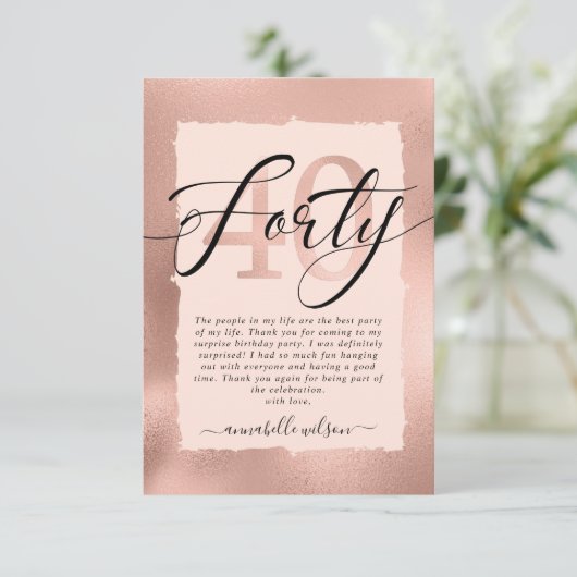 Roos Gold en roze olie 40e verjaardag   Bedankkaart (Staand voorkant)