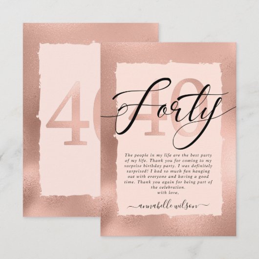 Roos Gold en roze olie 40e verjaardag   Bedankkaart (Voorkant / Achterkant)