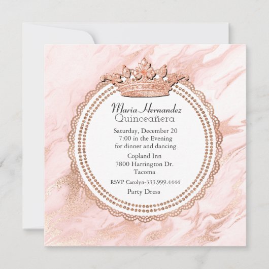 Roos Gold en White Marged Quinceanera Uitnodiging (Voorkant)