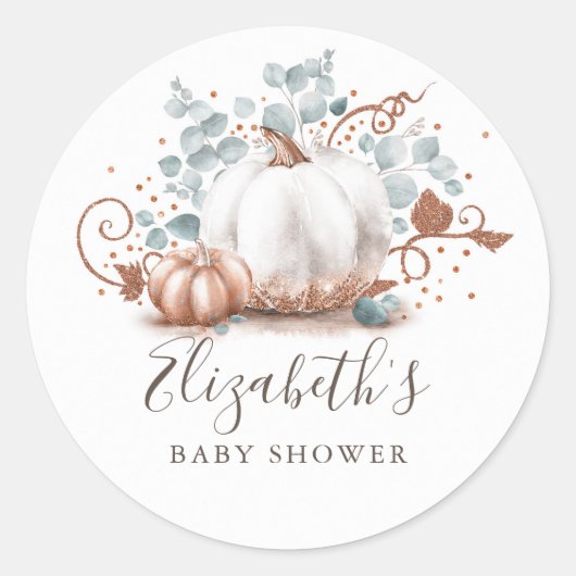 Roos Gold en White Pumpkin Herfst Baby shower Ronde Sticker (Voorkant)