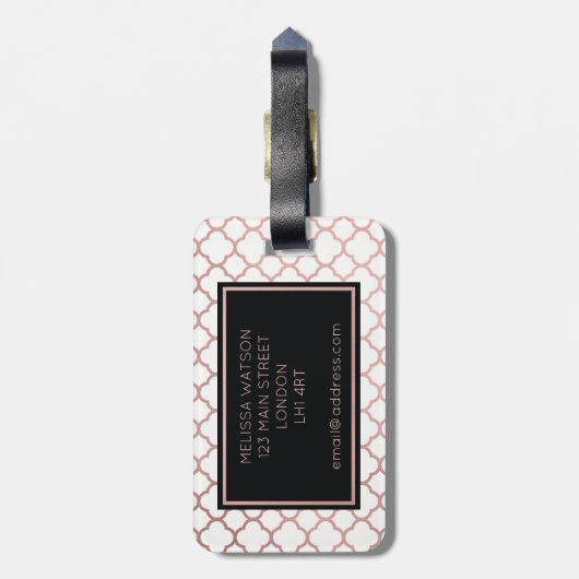 Roos Gold en witte quatrefolie Bagagelabel (Achterkant verticaal)