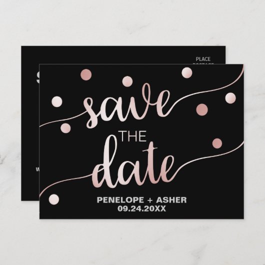 Roos Gold en zwart | Glam Confetti Save the Date Aankondigingskaart (Voorkant / Achterkant)