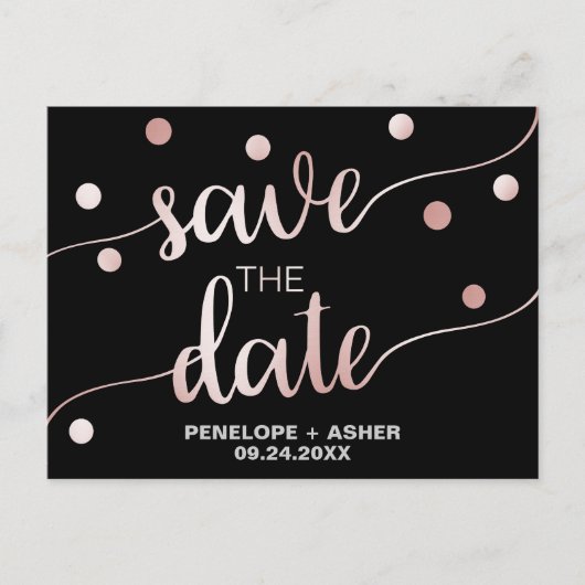 Roos Gold en zwart | Glam Confetti Save the Date Aankondigingskaart (Voorkant)