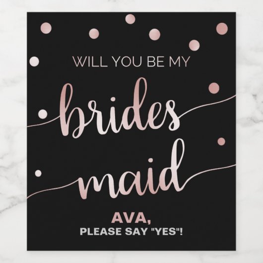 Roos Gold en zwart | Voorstel Glam Bridesmaid Wijn Etiket (Enkel label)