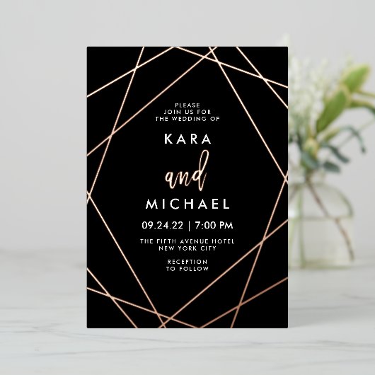 Roos Gold en zwarte elegante geometrische bruiloft Folie Uitnodiging (Staand Voorkant)