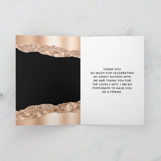 Roos Gold en zwarte glazen tranen zoete zestien Bedankkaart (Binnen)