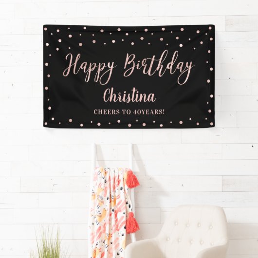 Roos Gold en zwarte Happy Birthday-feestdag Spandoek (Insitu)