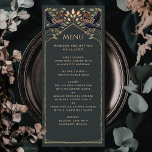 Roos Gold Enchanted Gothic Raven Wedding Flat Menu<br><div class="desc">Elegant en gotisch trouwontwerp met raven en gebladerte. Dit ontwerp heeft een zwarte achtergrond,  met donkerblauwe raven en gedempte groene bladeren met gouden accenten. Overeenkomende items in onze winkel voor een compleet feestthema.</div>