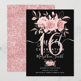 Roos Gold Fab Floral Glitter 16th Birthday Black Kaart