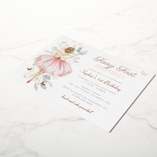 Roos Gold Fairy Eerste 1e Verjaardag Vlinder Folie Uitnodiging (Gedraaid)