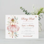Roos Gold Fairy Eerste 1e Verjaardag Vlinder Folie Uitnodiging (Staand Voorkant)