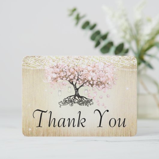 Roos Gold Fairy Lights Heart Leaf Tree Dank u Bedankkaart (Staand voorkant)