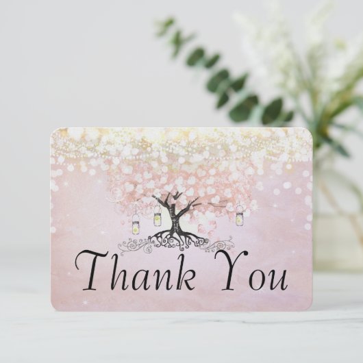 Roos Gold Fairy Lights Heart Leaf Tree Dank u Bedankkaart (Staand voorkant)