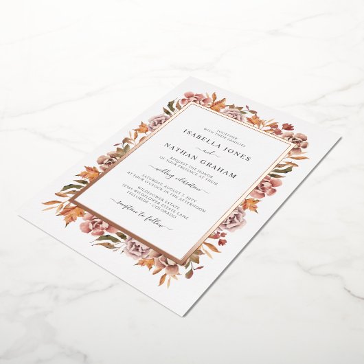 Roos Gold Fall Wedding Folie Uitnodiging (Gedraaid)