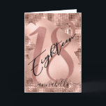 Roos Gold Faux Foil 18th Birthday Kaart<br><div class="desc">Chic,  trendy 18e verjaardagskaart Het ontwerp is voorzien van roos gouden dunne achtergrond en penseelstreek in helderdere gouden kleur van het roos,  nummer 18 en typografische script achttien in vetgedrukt zwart schrift. Pas het bericht aan de binnenkant aan en noem het op de voorzijde van de kaart.</div>