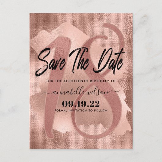 Roos Gold Faux Folie 18e Verjaardag Save The Date Briefkaart (Voorkant)
