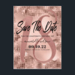 Roos Gold Faux Folie 18e Verjaardag Save The Date Briefkaart<br><div class="desc">Chique,  trendy 18e verjaardagsfeestje save the date briefkaart. Ontwerp beschikt over sprankelende rozen gouden achtergrond met rozen gouden faux folie slag,  typografie script opslaan van de datum en nummer 18. Personaliseer verder met partijgegevens.</div>