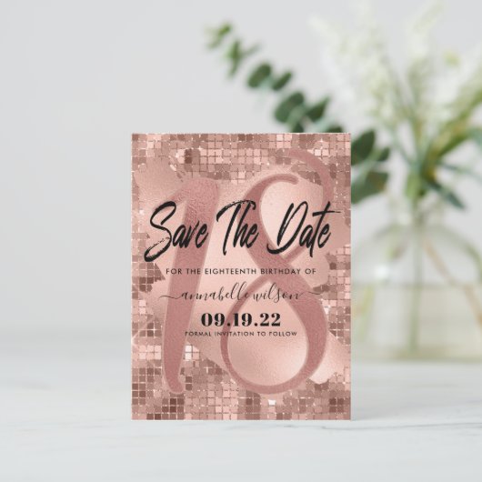 Roos Gold Faux Folie 18e Verjaardag Save The Date Briefkaart (Staand voorkant)