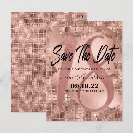Roos Gold Faux Folie 18e Verjaardag Save The Date Briefkaart (Voorkant / Achterkant)