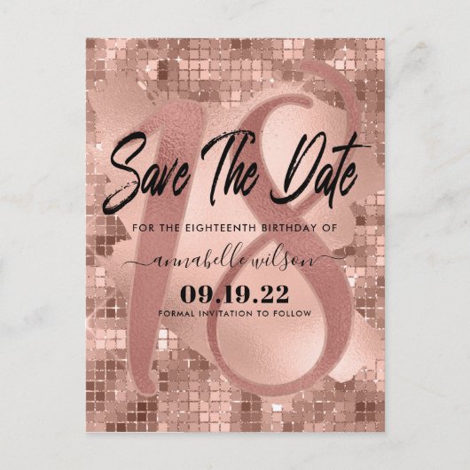 Roos Gold Faux Folie 18e Verjaardag Save The Date Briefkaart (Voorkant)