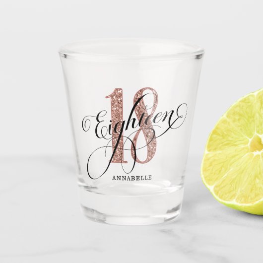 Roos Gold Faux Glitter 18th Birthday Shot Glass Glas (Voorkant)