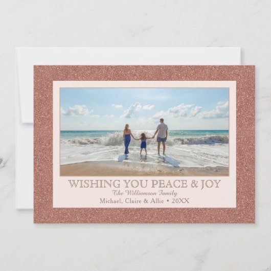 Roos Gold Faux Glitter | 1 Fotovakantie Feestdagenkaart (Voorkant)