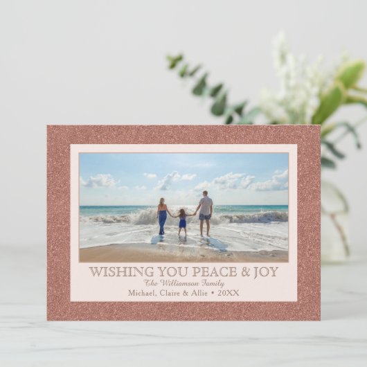 Roos Gold Faux Glitter | 1 Fotovakantie Feestdagenkaart (Staand voorkant)