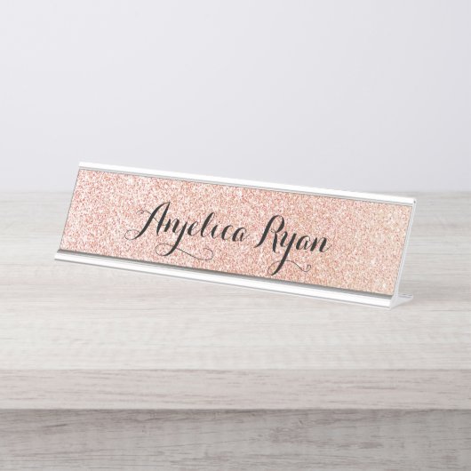 Roos Gold Faux Glitter - Aangepaste scriptnaam Bureau Naambordje (Voorkant)