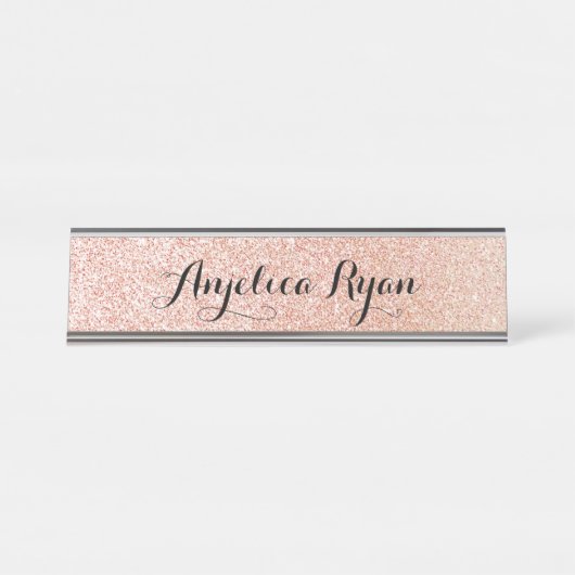 Roos Gold Faux Glitter - Aangepaste scriptnaam Bureau Naambordje (Voorkant)