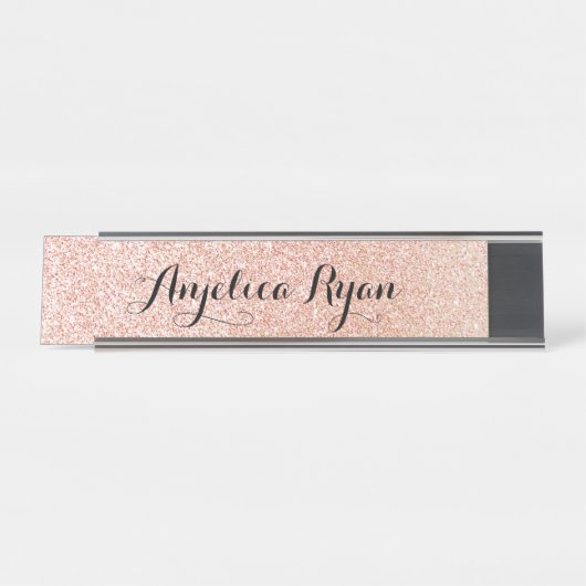 Roos Gold Faux Glitter - Aangepaste scriptnaam Bureau Naambordje (Voorkant)